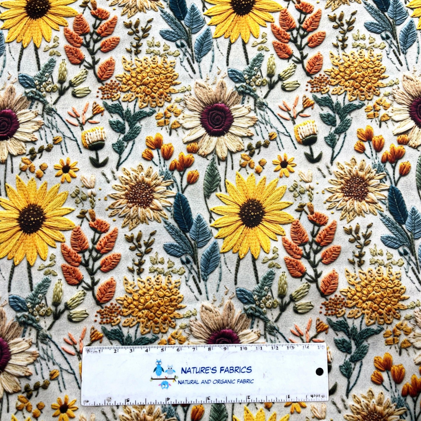 Embroidered Sunflowers 1 mil PUL Fabric- Made in the USA - Nature's Fabrics