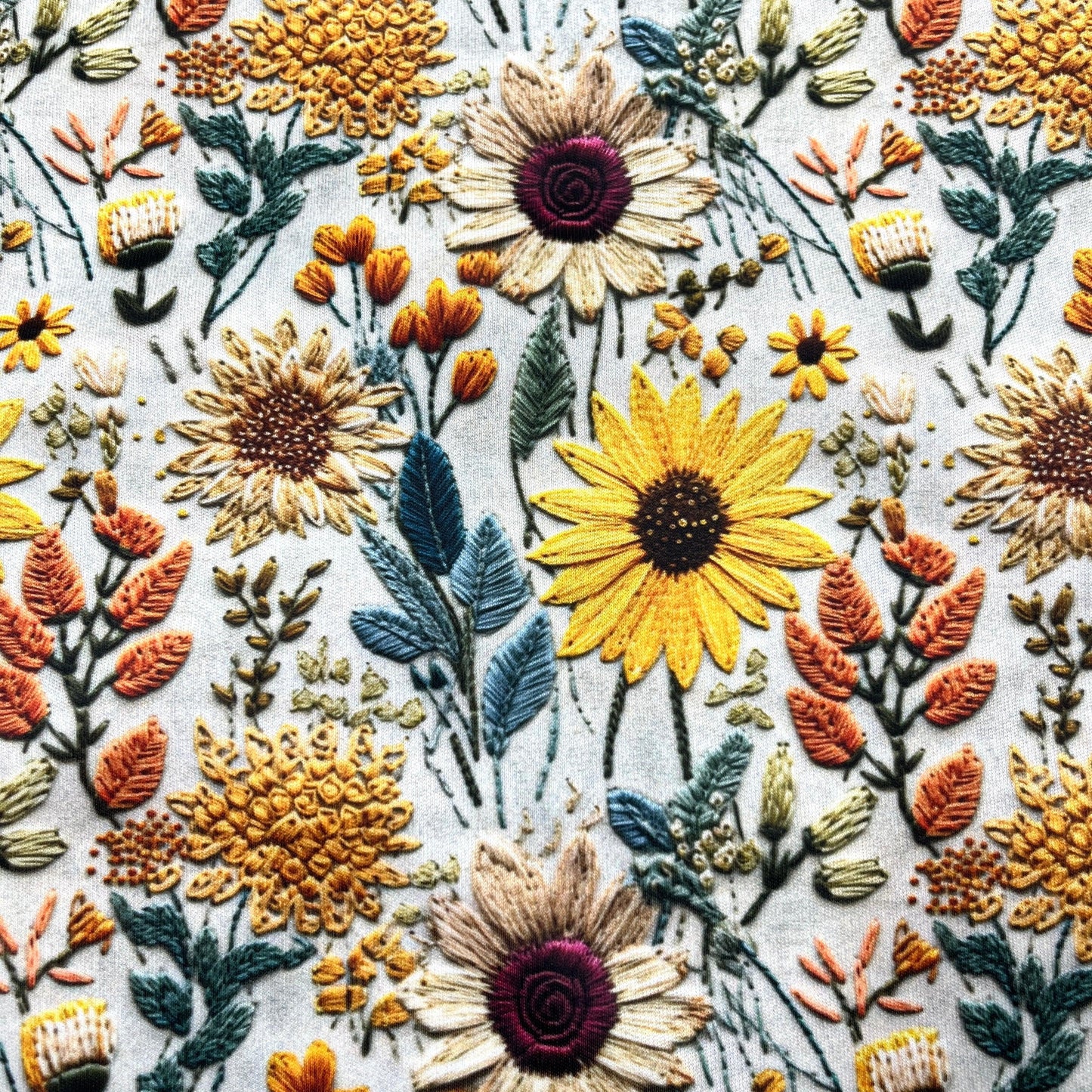 Embroidered Sunflowers 1 mil PUL Fabric- Made in the USA - Nature's Fabrics