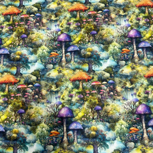 Nature's Fabrics whimsical psychedelic mushroom and forest landscape pattern