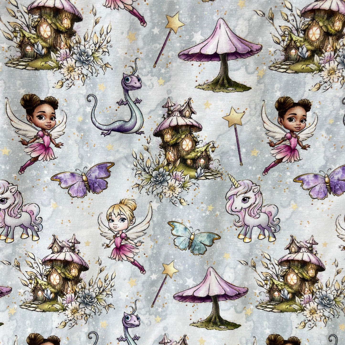 Fairies and Friends on Mist Bamboo/Spandex Jersey Fabric - Nature's Fabrics