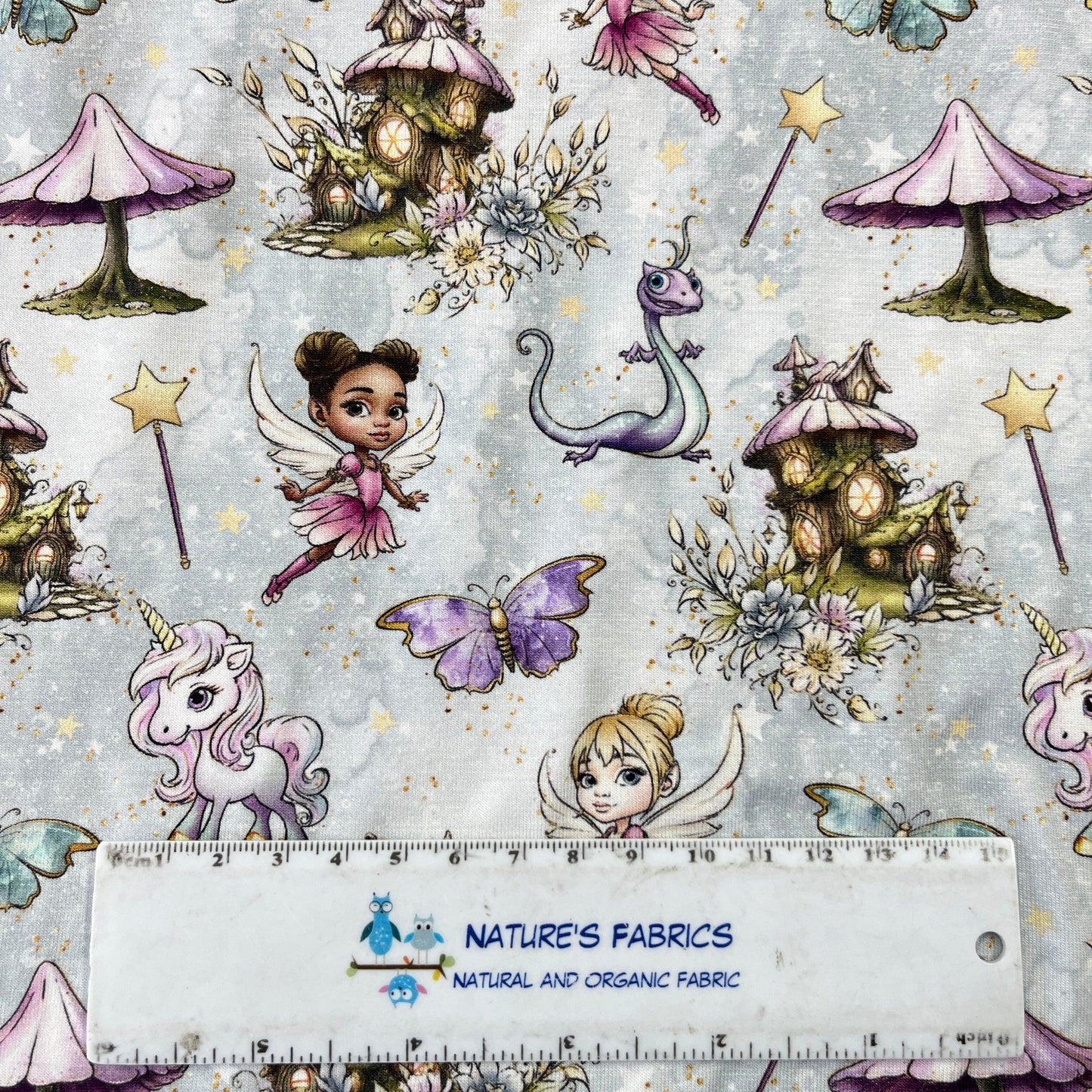 Fairies and Friends on Mist Bamboo/Spandex Jersey Fabric - Nature's Fabrics