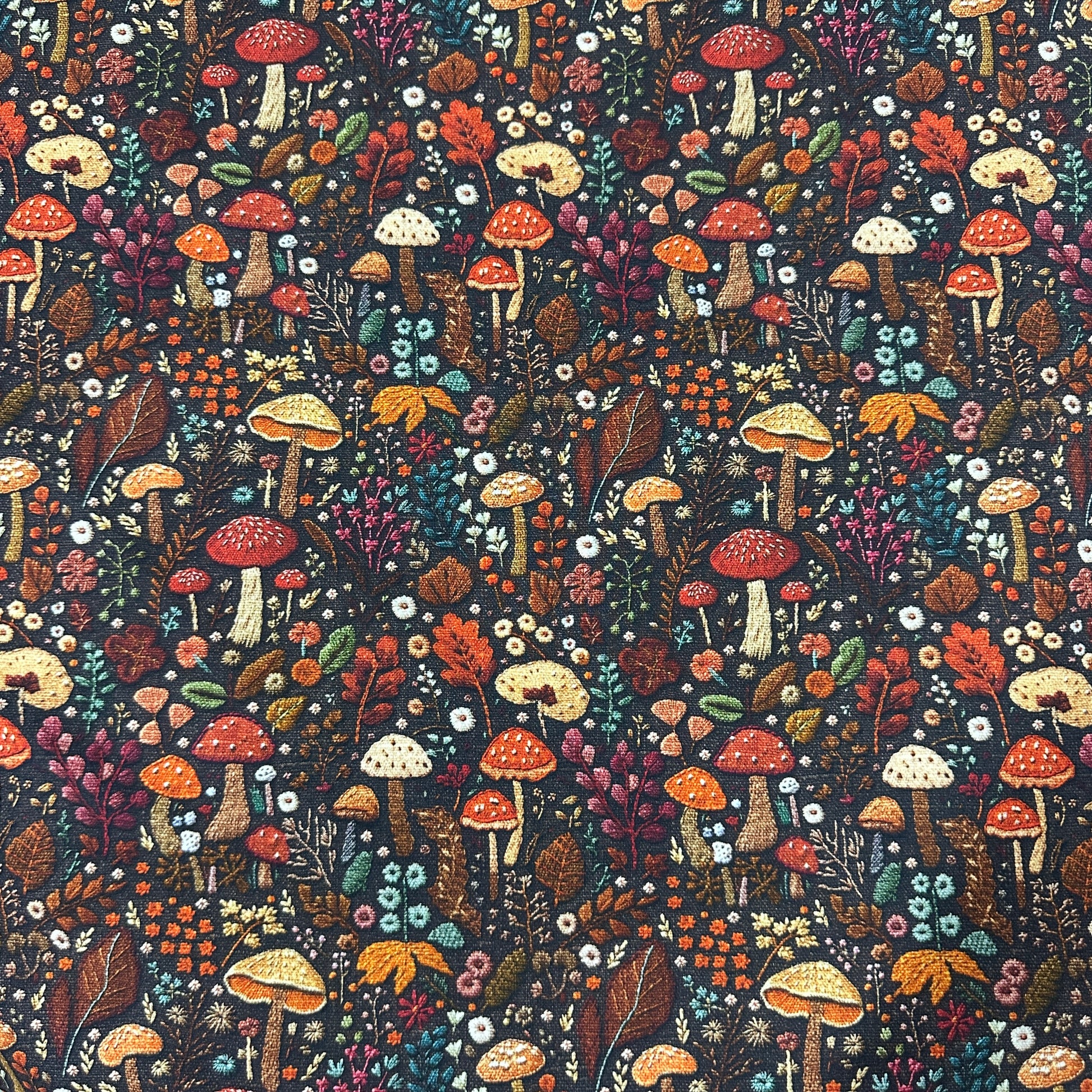 Fall Mushrooms on Bamboo/Spandex Jersey Fabric - Nature's Fabrics