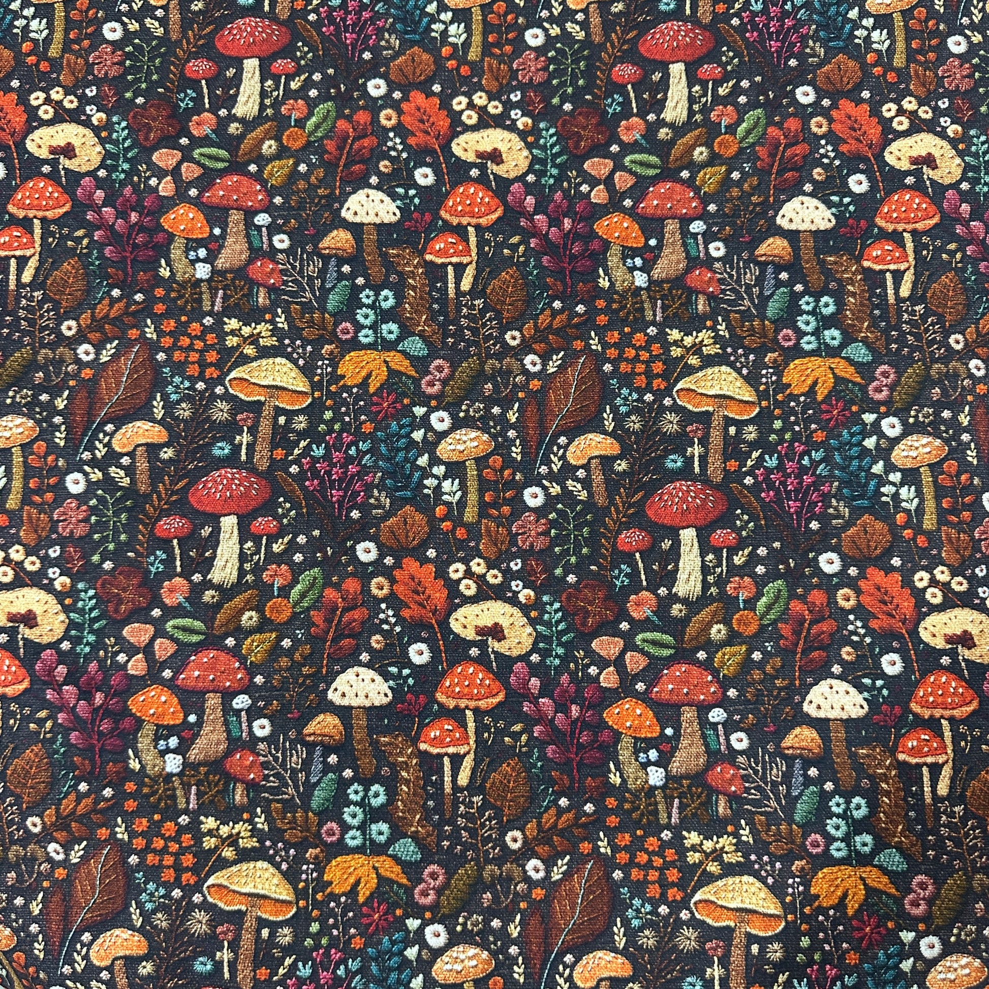 Fall Mushrooms on Bamboo/Spandex Jersey Fabric - Nature's Fabrics