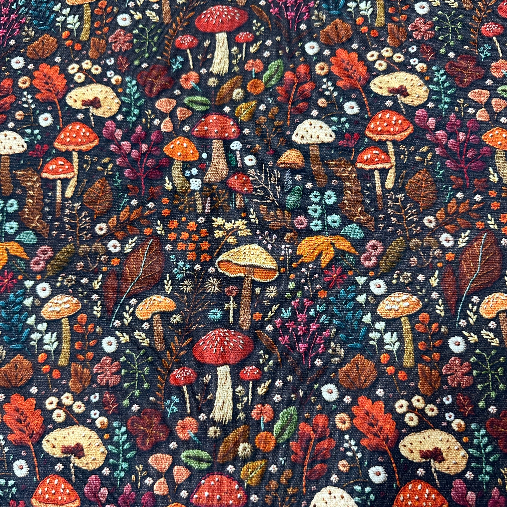 Fall Mushrooms on Bamboo/Spandex Jersey Fabric - Nature's Fabrics
