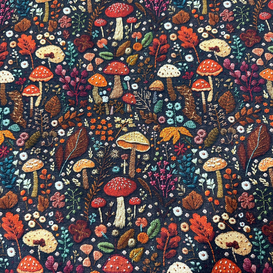 Fall Mushrooms on Bamboo/Spandex Jersey Fabric - Nature's Fabrics