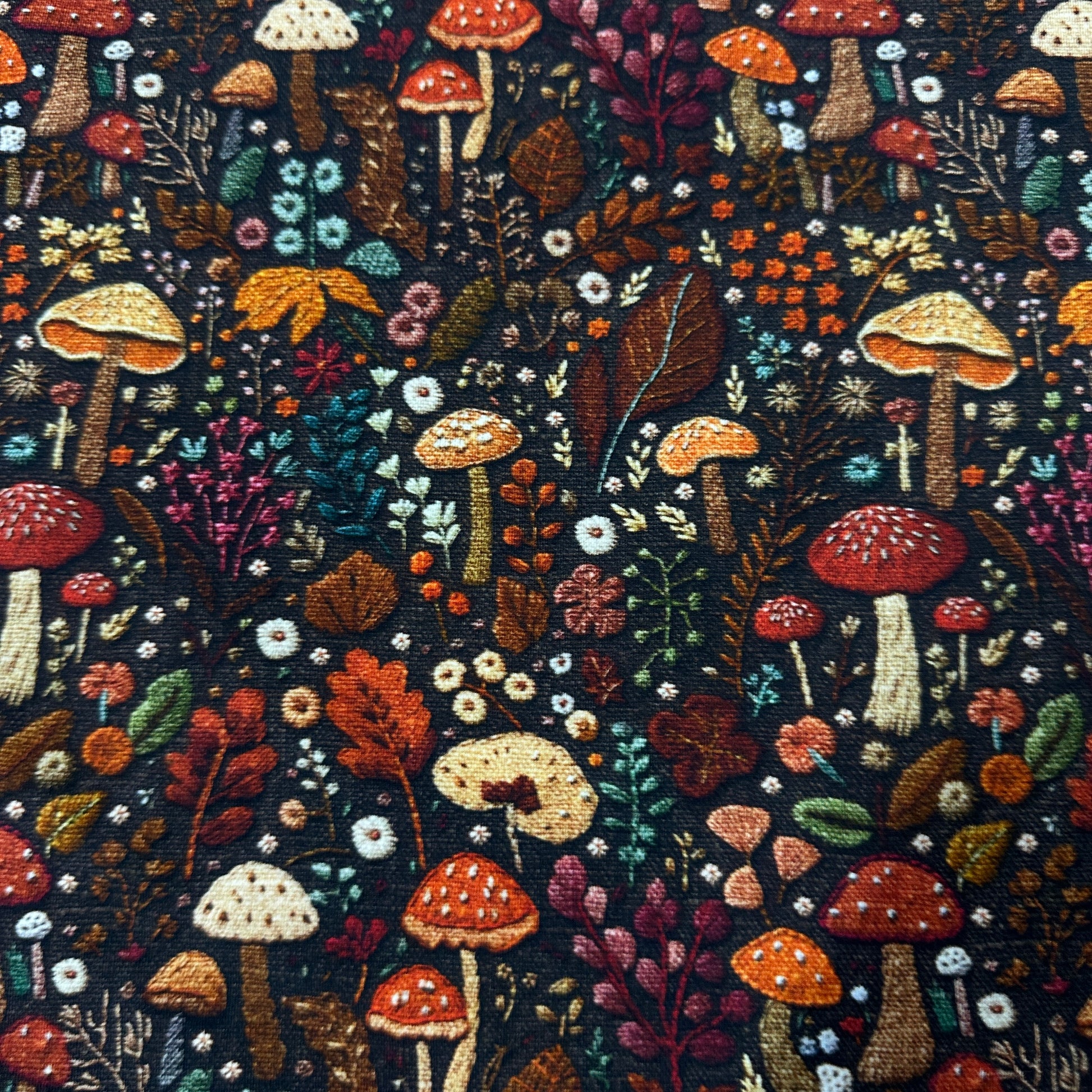 Fall Mushrooms on Bamboo/Spandex Jersey Fabric - Nature's Fabrics