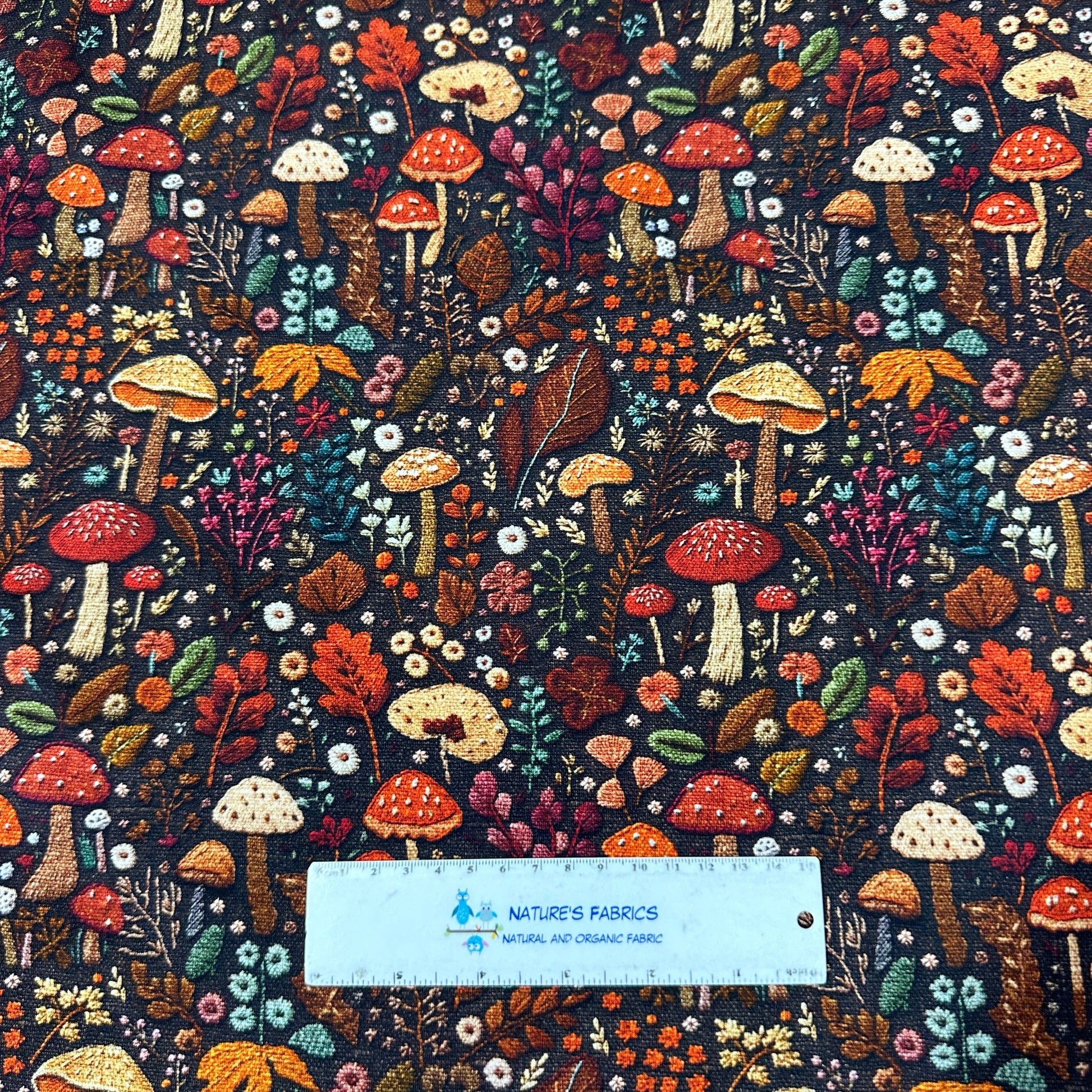 Fall Mushrooms on Bamboo/Spandex Jersey Fabric - Nature's Fabrics