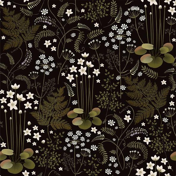 Ferns on Black Bamboo/Spandex Jersey Fabric - Nature's Fabrics