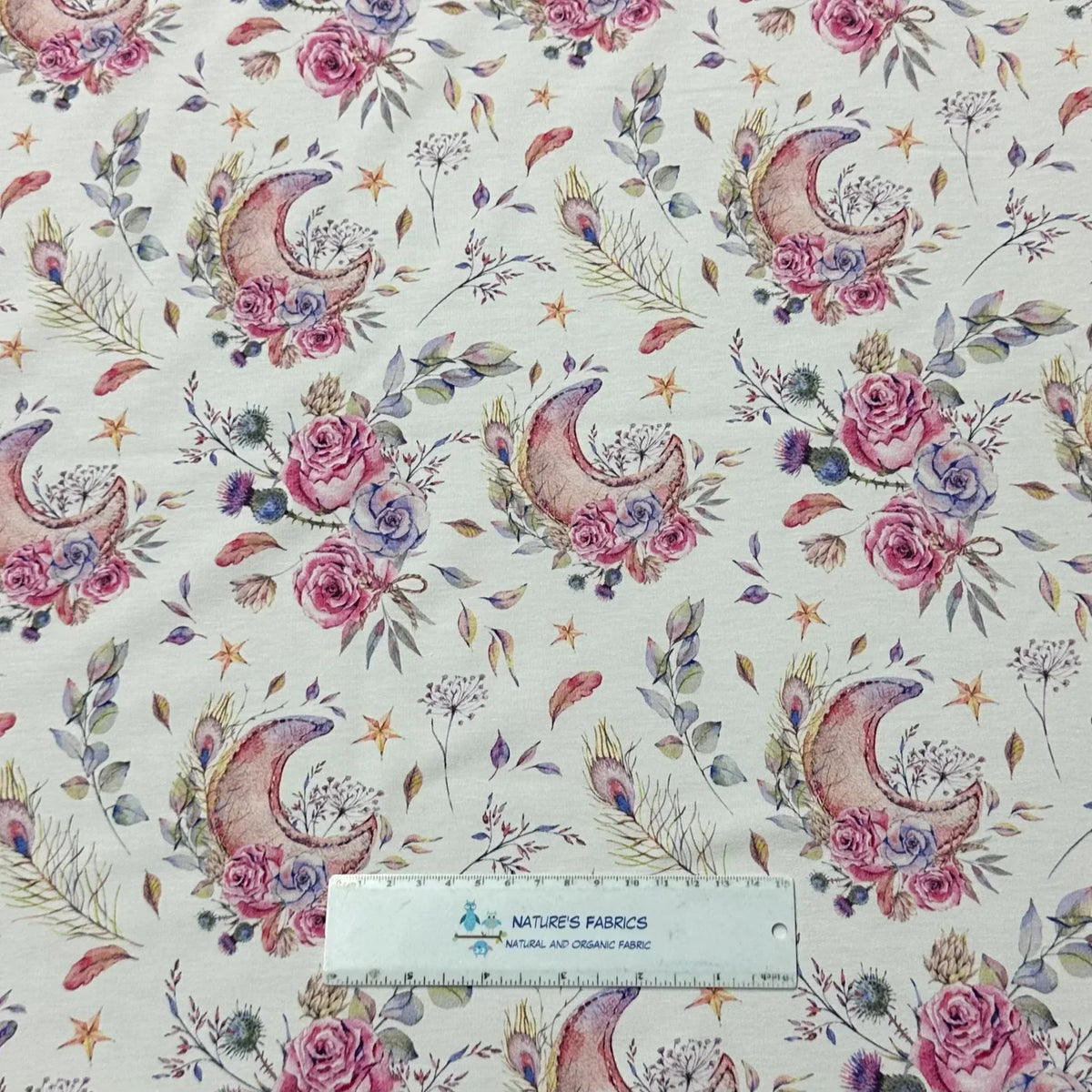 Floral Moons on White Bamboo Stretch French Terry Fabric - Nature's Fabrics