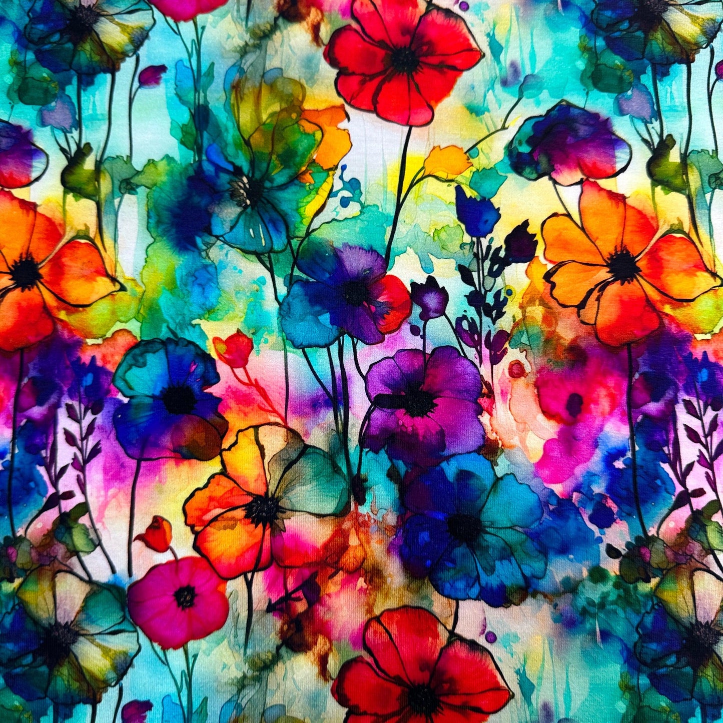 Floral Sprigs Alcohol Ink on Bamboo Stretch French Terry Fabric - Nature's Fabrics