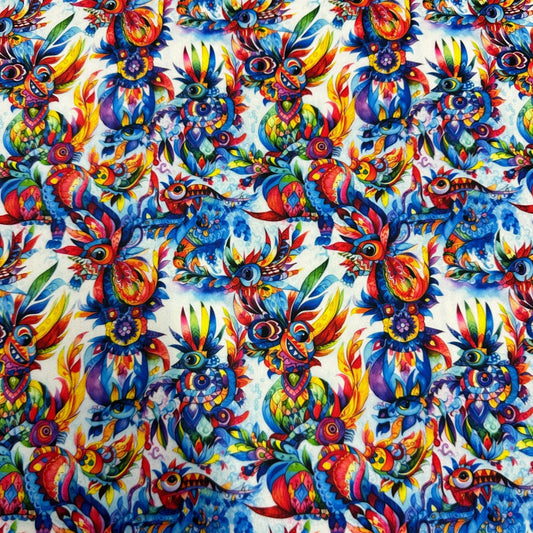 Colorful psychedelic creature pattern on Nature's Fabrics organic textile.