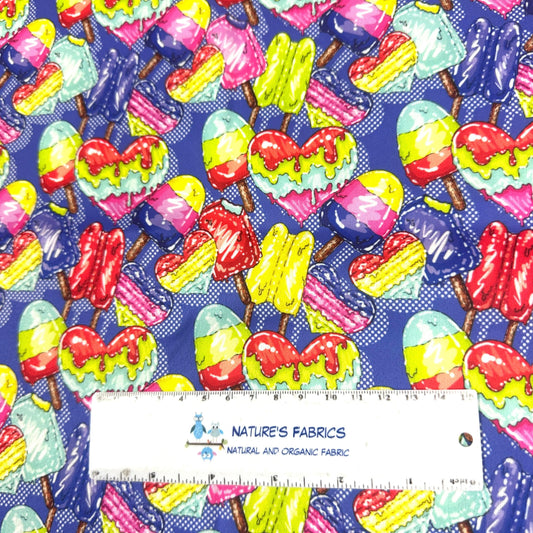 Nature's Fabrics organic cotton fabric with colorful popsicle and heart patterns.