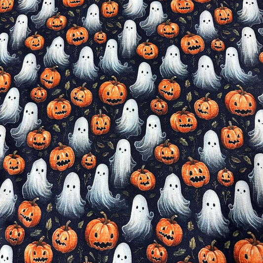 Ghosts and Pumpkins on Organic Cotton/Spandex Jersey Fabric - Nature's Fabrics