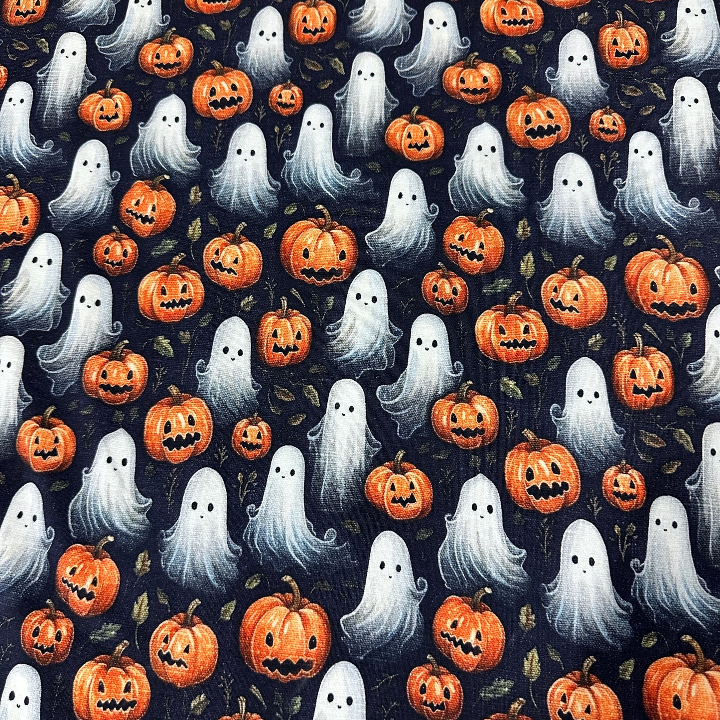 Ghosts and Pumpkins on Organic Cotton/Spandex Jersey Fabric - Nature's Fabrics