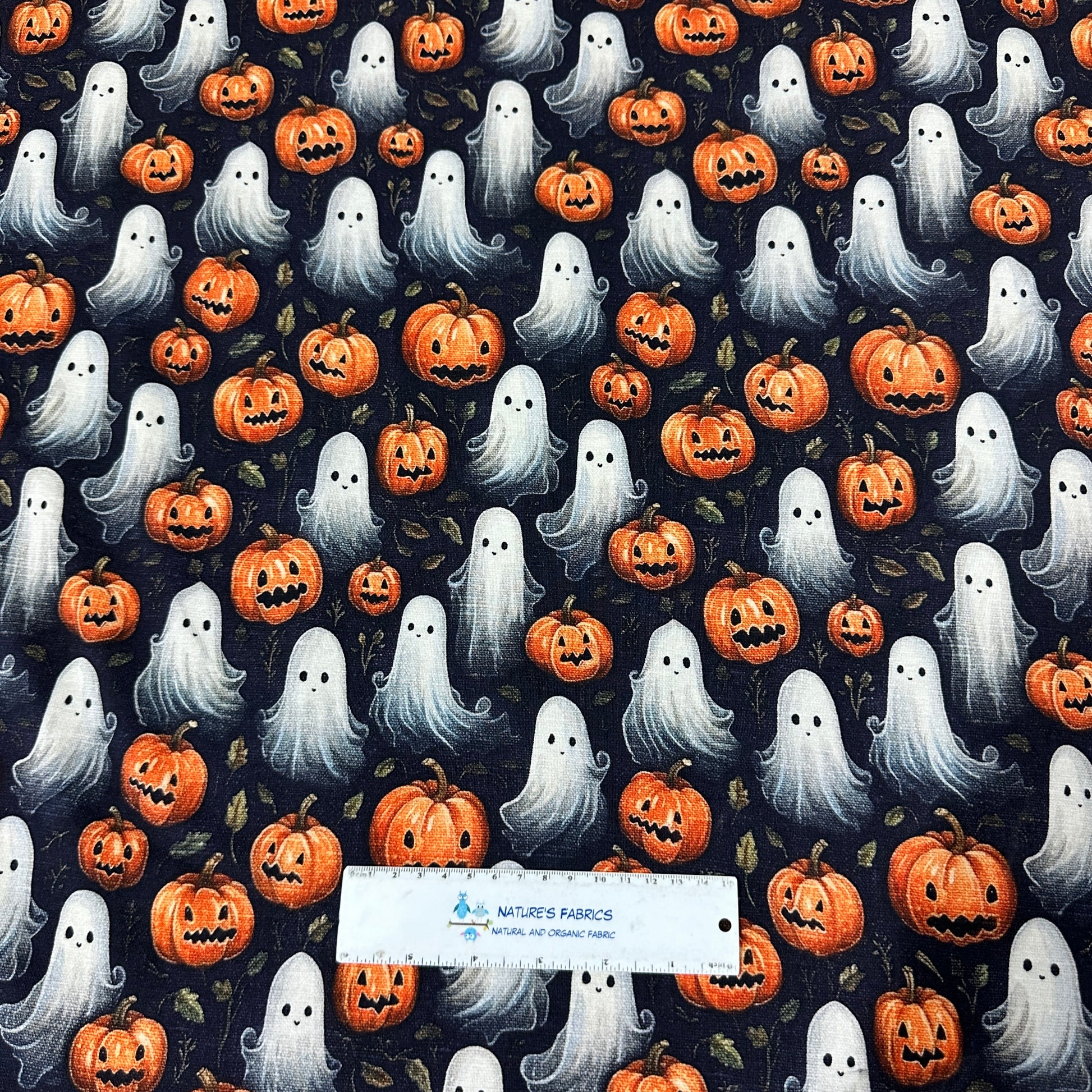 Ghosts and Pumpkins on Organic Cotton/Spandex Jersey Fabric - Nature's Fabrics