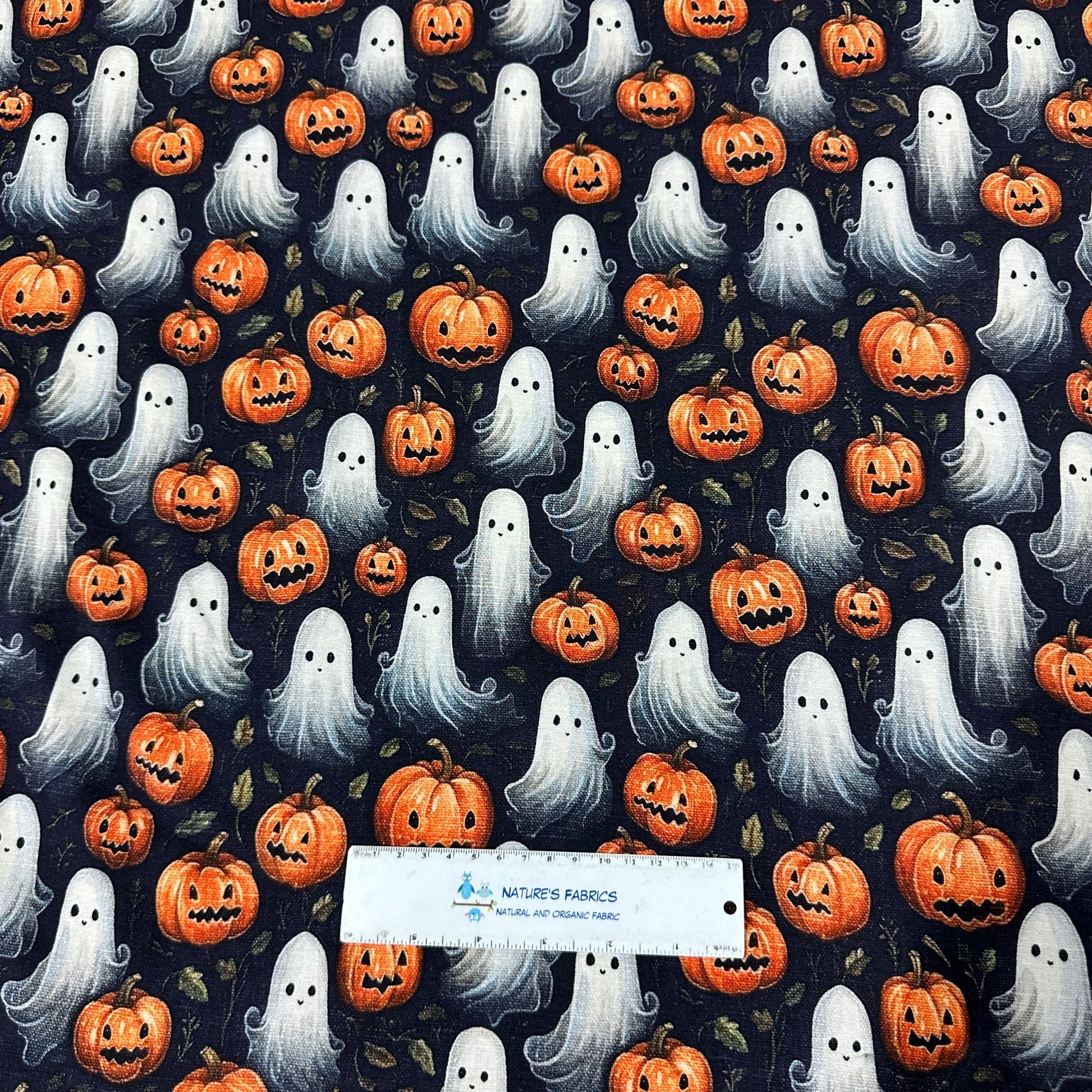 Ghosts and Pumpkins on Organic Cotton/Spandex Jersey Fabric - Nature's Fabrics