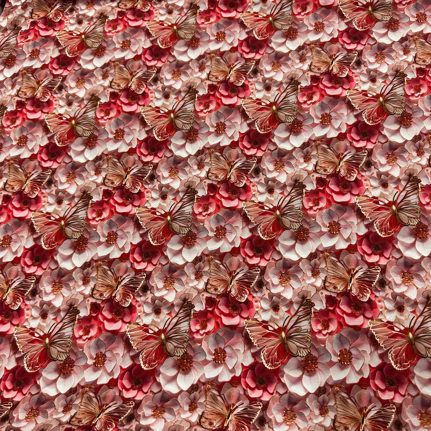 Golden Butterflies and Flowers on Bamboo/Spandex Jersey Fabric - Nature's Fabrics