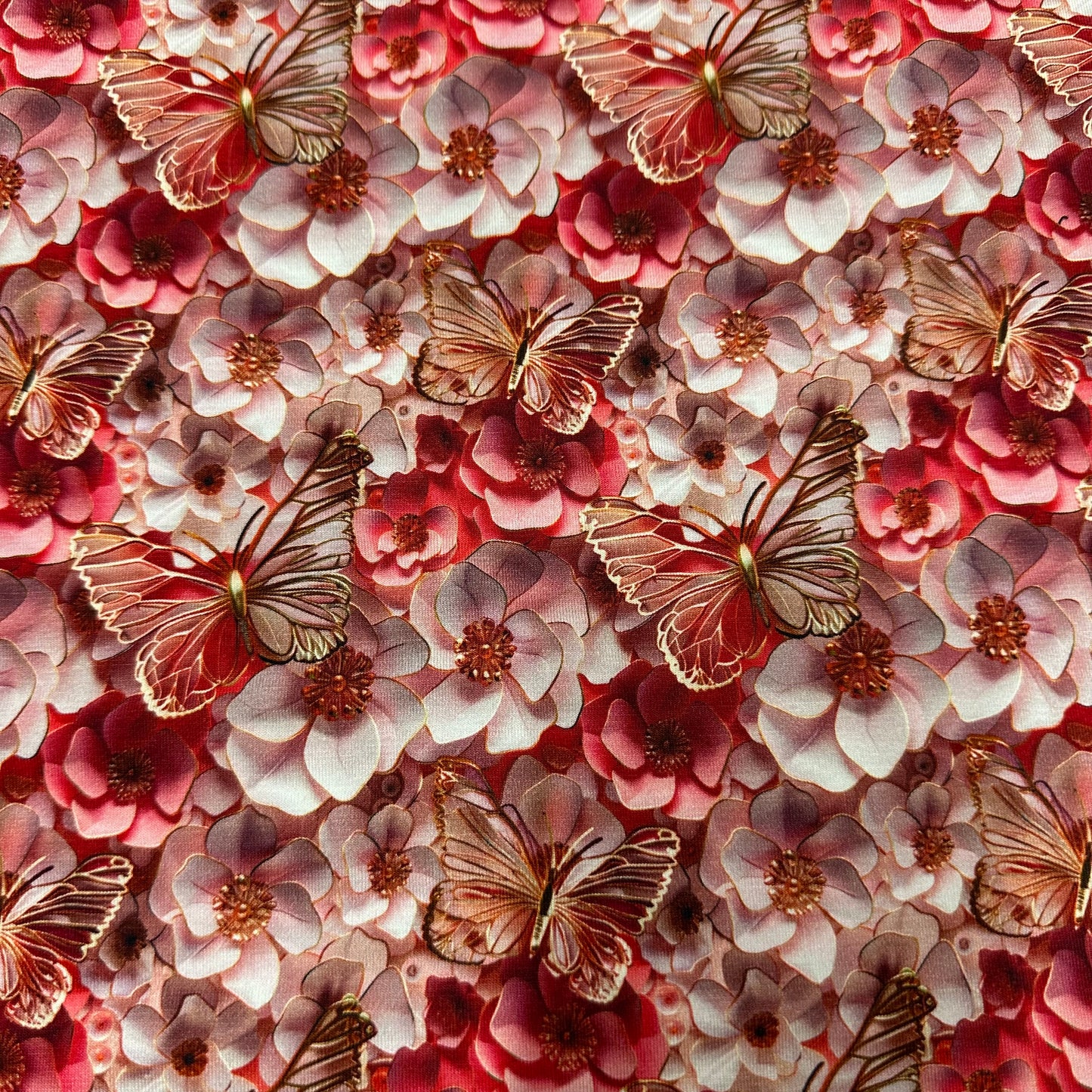 Golden Butterflies and Flowers on Bamboo/Spandex Jersey Fabric - Nature's Fabrics