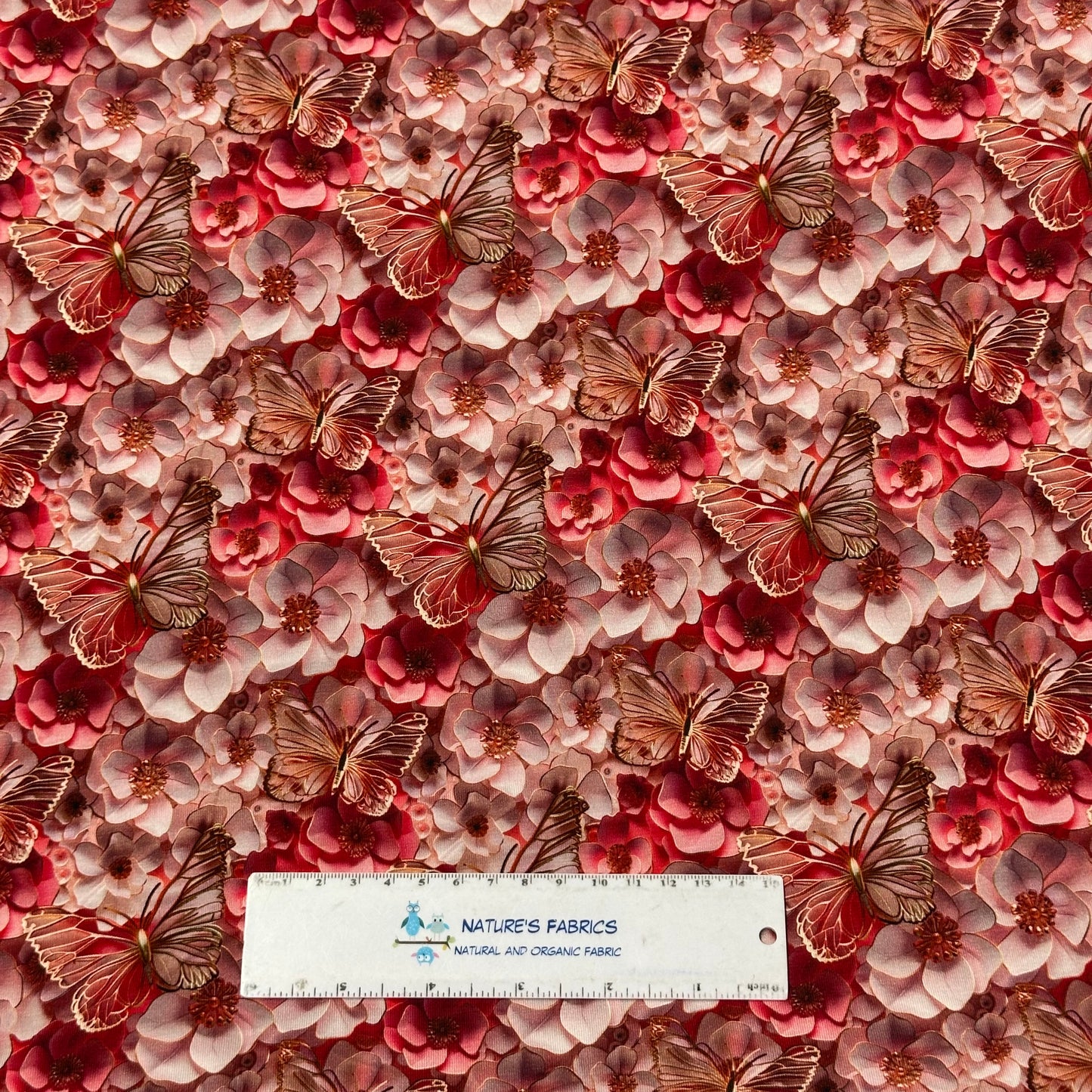 Golden Butterflies and Flowers on Bamboo/Spandex Jersey Fabric - Nature's Fabrics