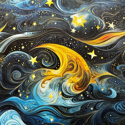 Nature's Fabrics celestial print fabric with golden crescent moon and stars on blue swirl background