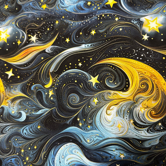 Nature's Fabrics celestial print fabric featuring swirling blue and gold stars and cosmic waves.