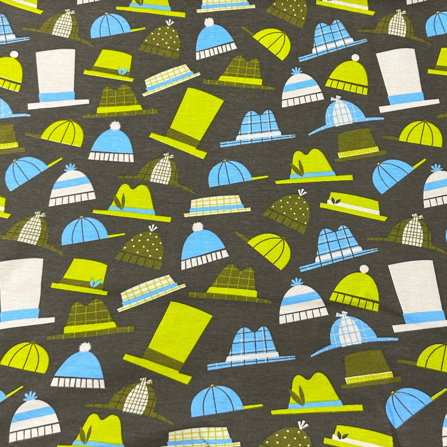 Hats on Gray Cotton Interlock Fabric - Nature's Fabrics