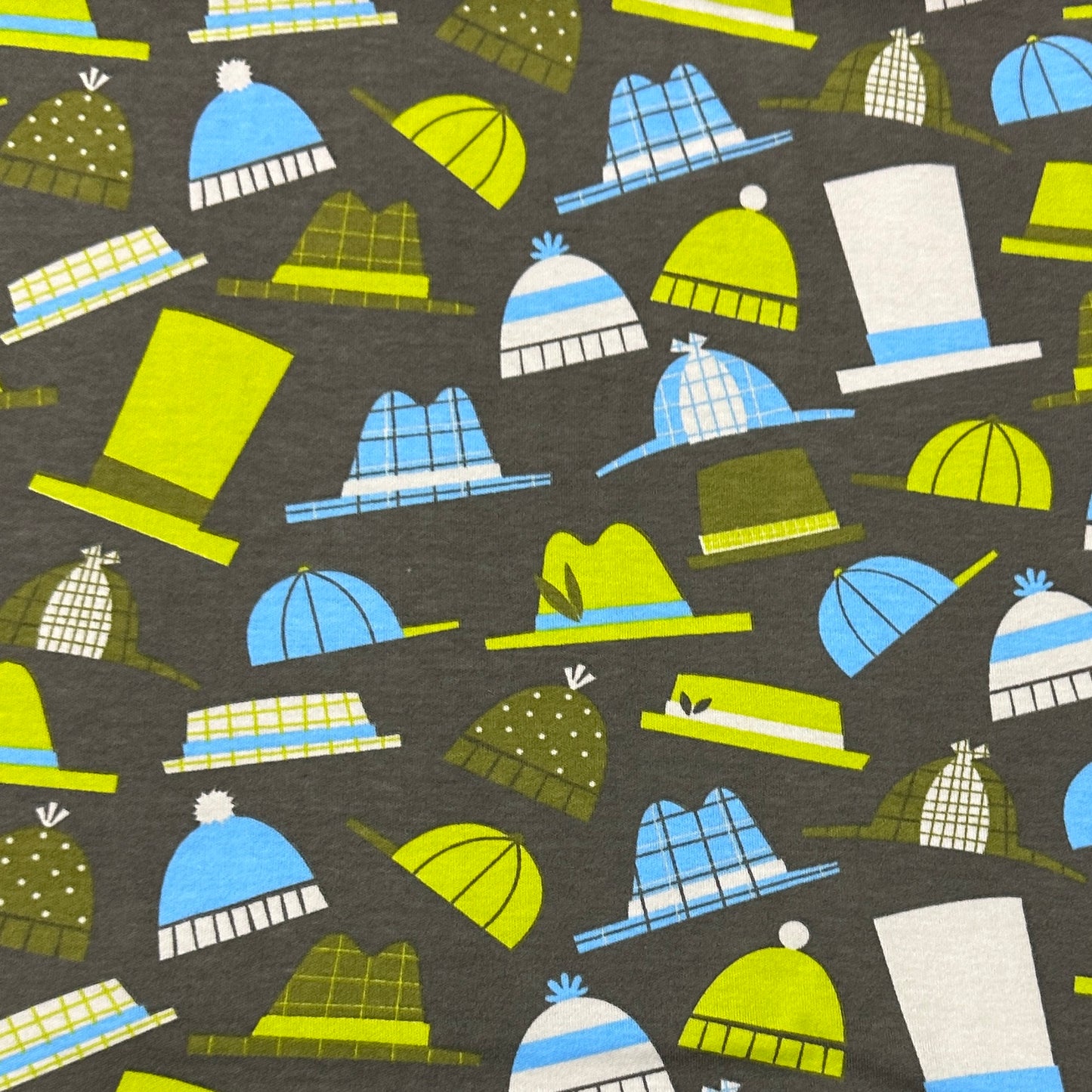 Hats on Gray Cotton Interlock Fabric - Nature's Fabrics