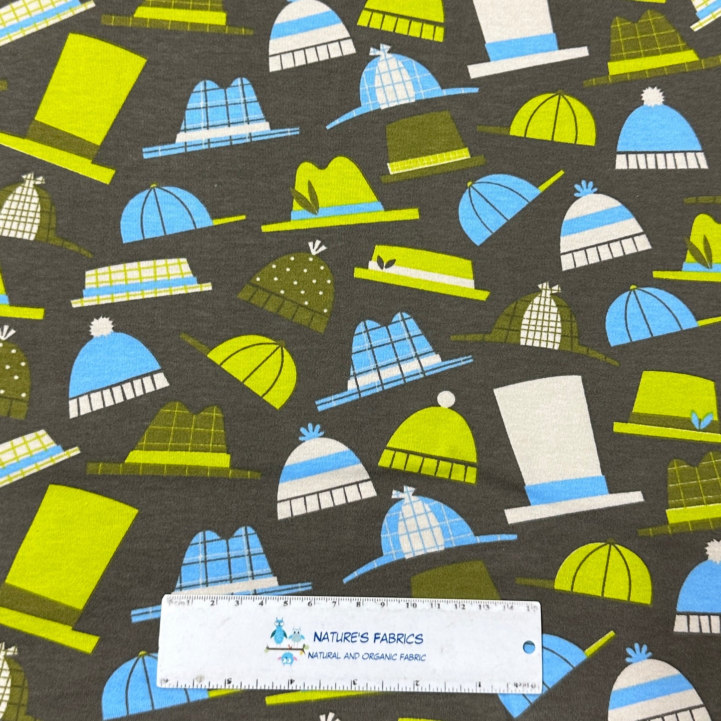 Hats on Gray Cotton Interlock Fabric - Nature's Fabrics