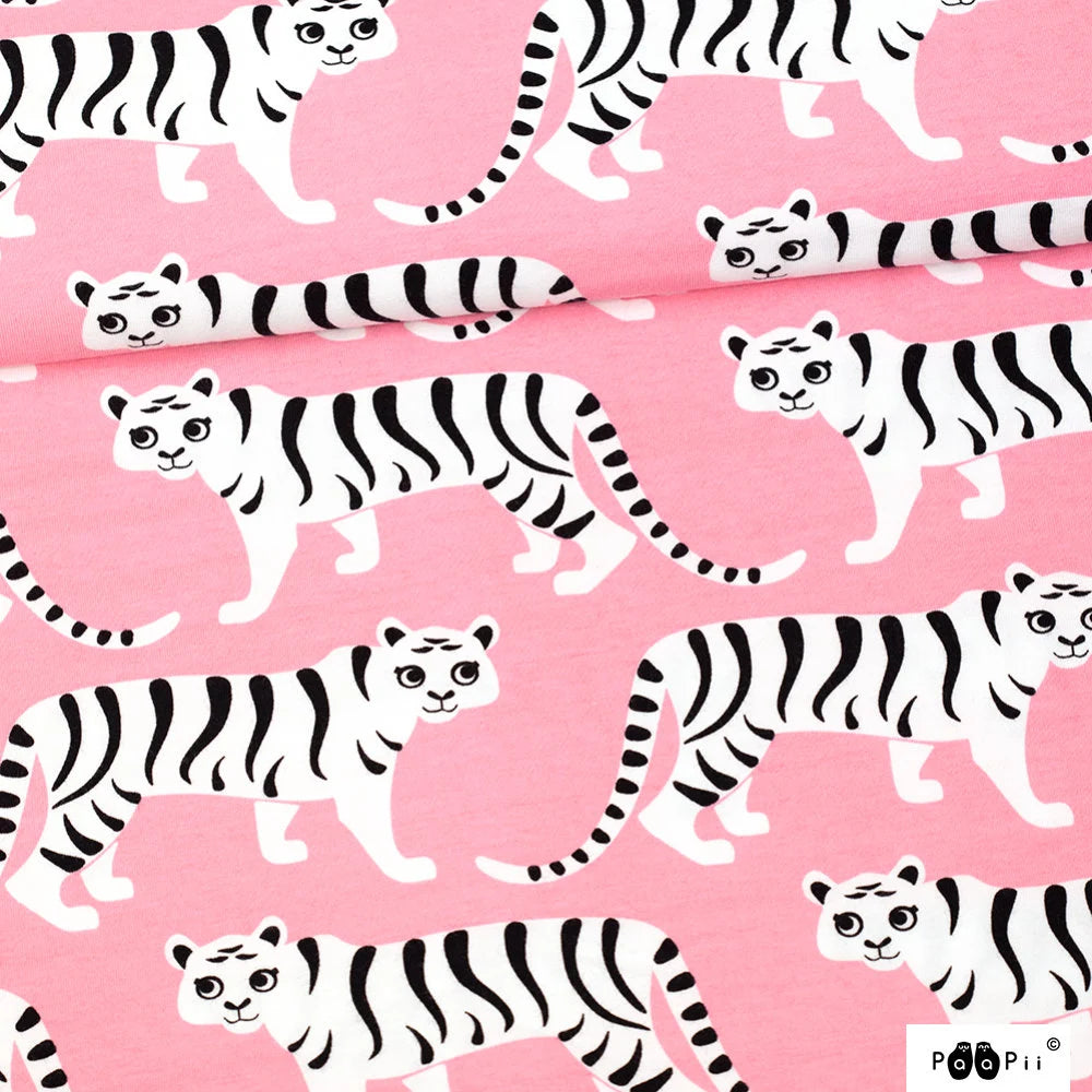 Tiger Parade on Light Pink Organic Cotton/Spandex Jersey Fabric