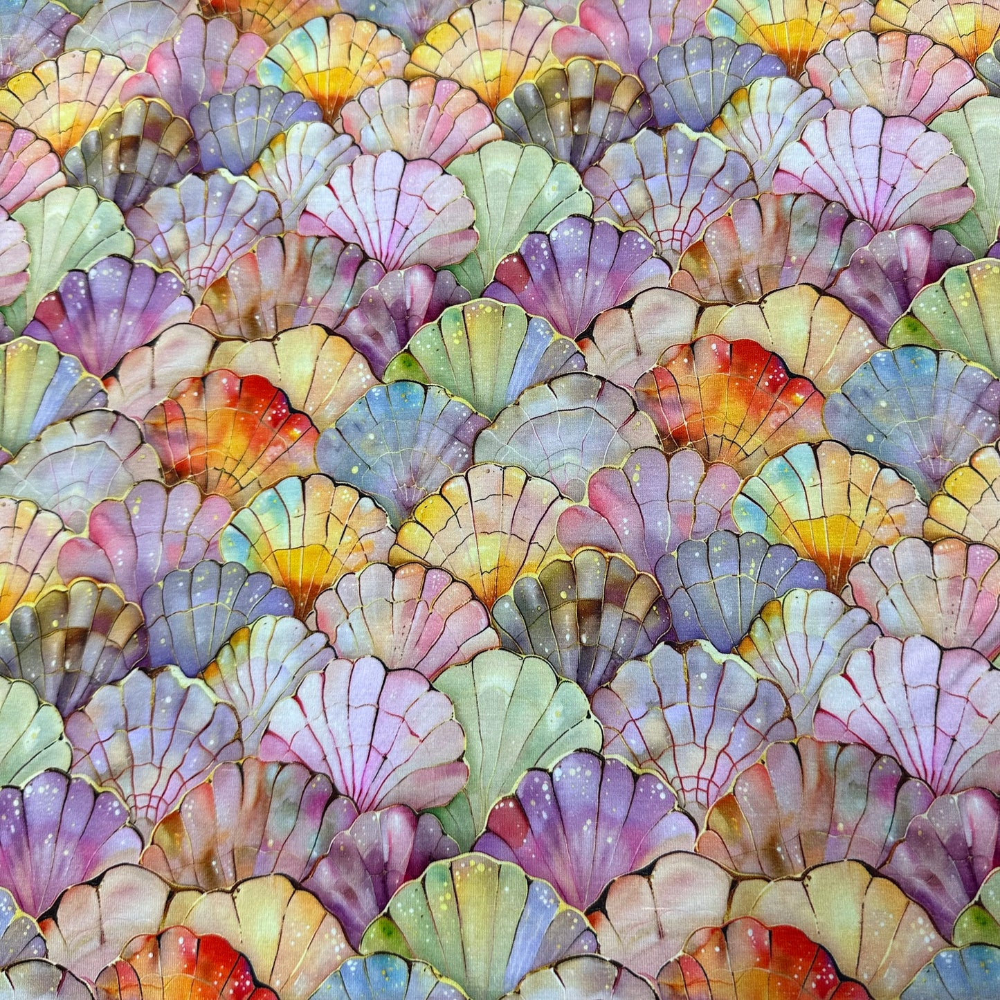 Iridescent Seashells on Bamboo/Spandex Jersey Fabric - Nature's Fabrics