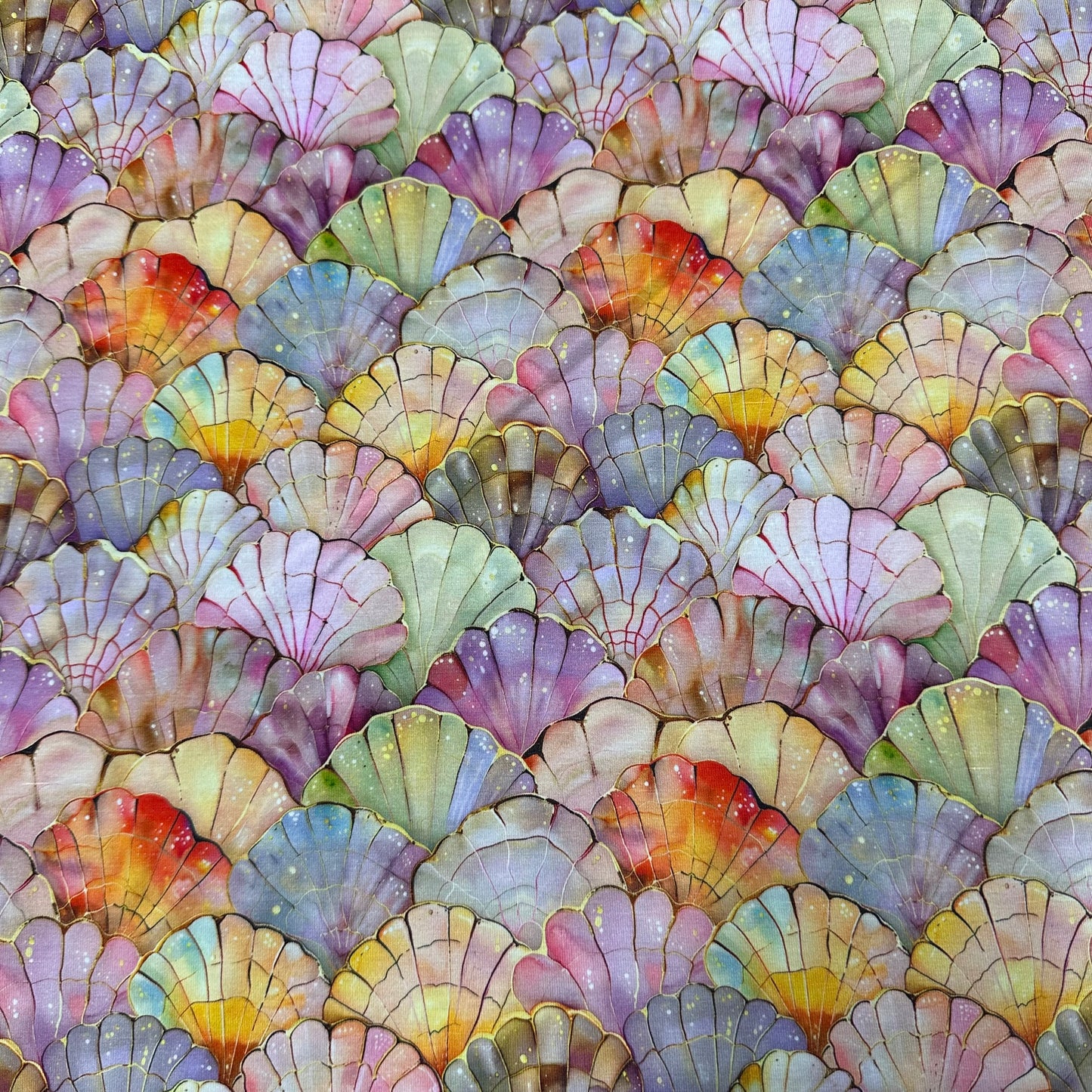 Iridescent Seashells on Bamboo/Spandex Jersey Fabric - Nature's Fabrics