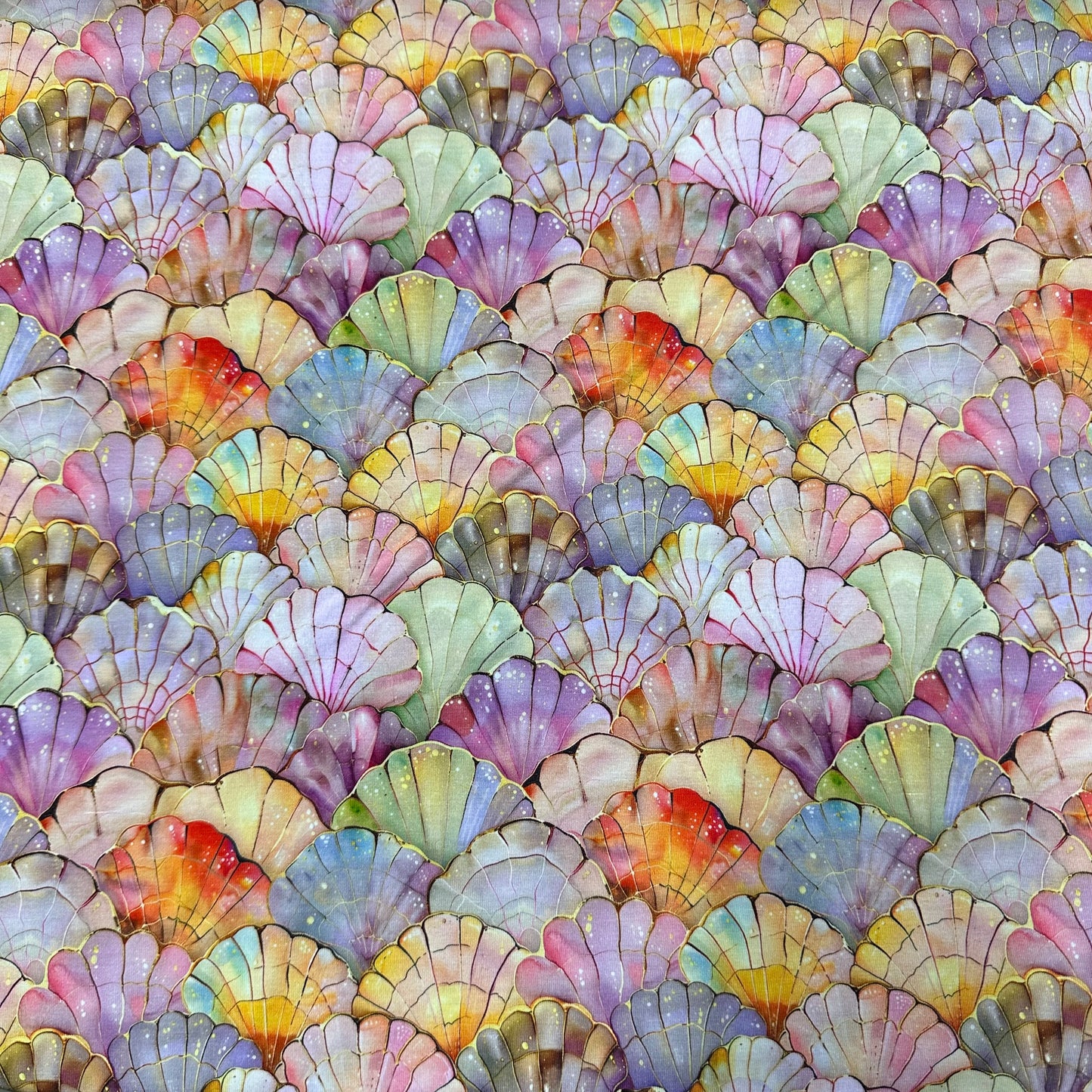 Iridescent Seashells on Bamboo/Spandex Jersey Fabric - Nature's Fabrics