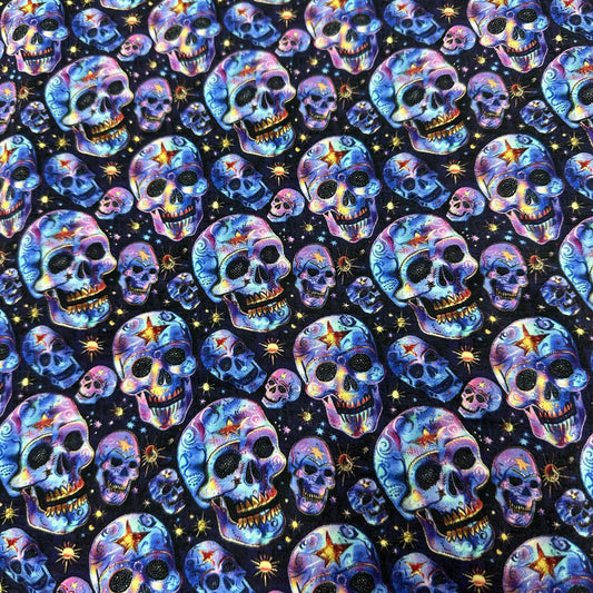 Nature's Fabrics celestial blue and purple skull pattern print fabric