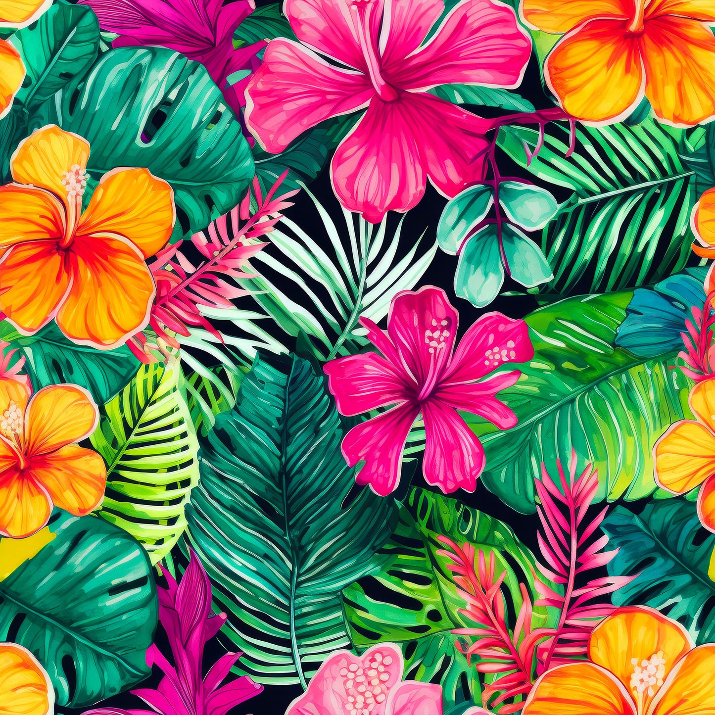 Island Flowers on Black Bamboo Stretch French Terry Fabric - Nature's Fabrics