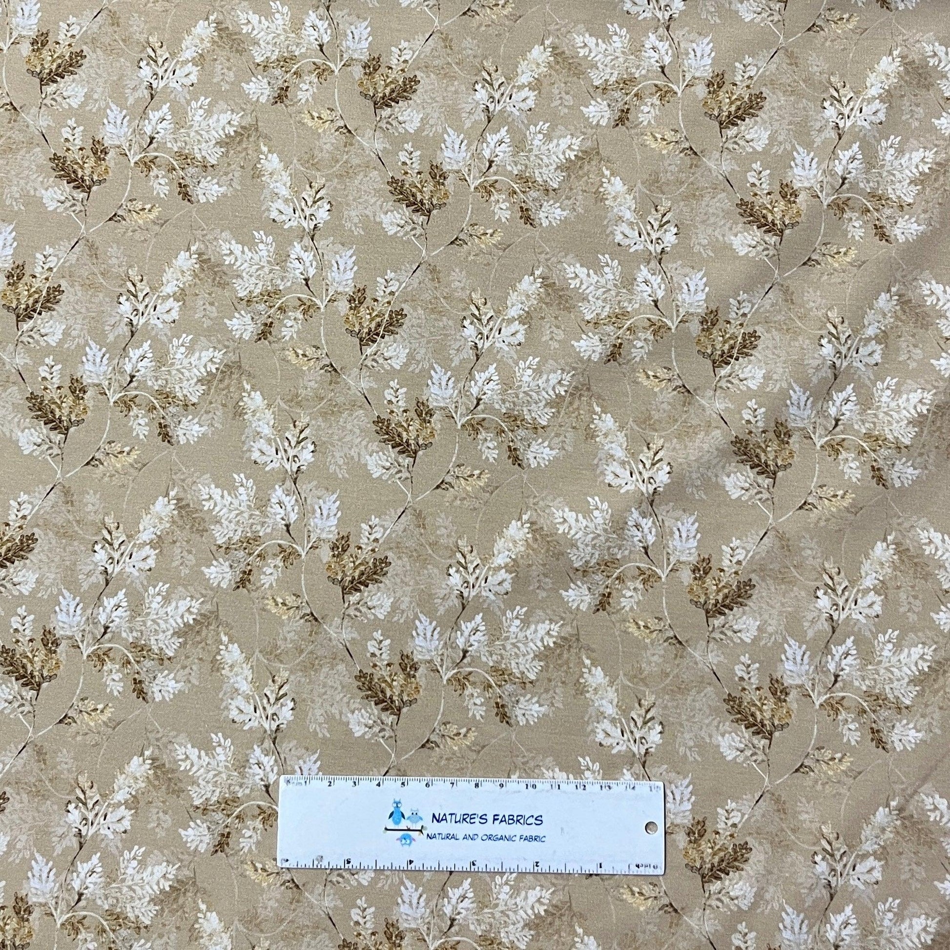 Ivory Sprigs on Tan Bamboo/Spandex Jersey Fabric - Nature's Fabrics