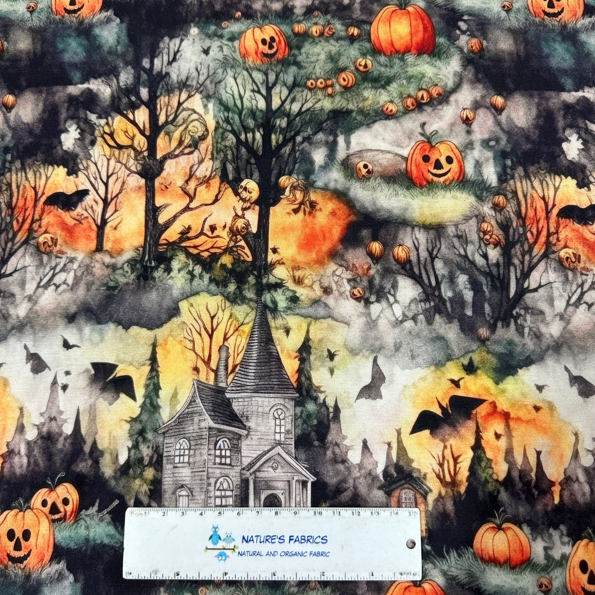 Jack O Lanterns on Bamboo/Spandex Jersey Fabric - Nature's Fabrics