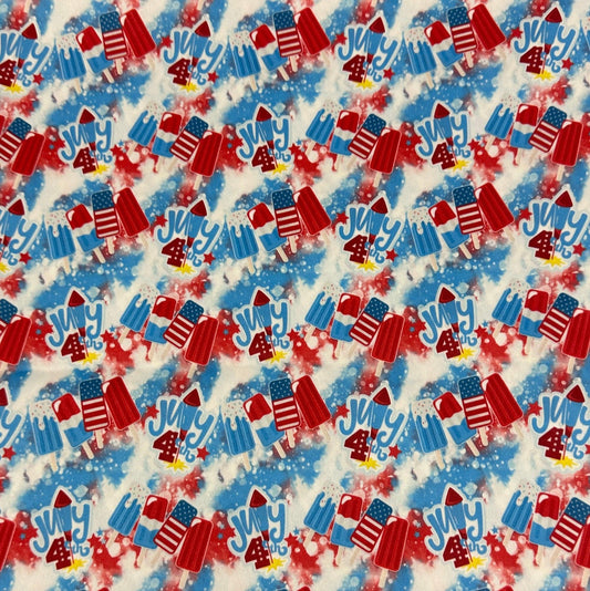 Nature's Fabrics patriotic 4th of July fabric with popsicles and fireworks pattern.