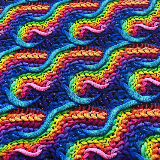 Close-up of Nature's Fabrics rainbow multicolored chunky knit textile with wavy patterns.