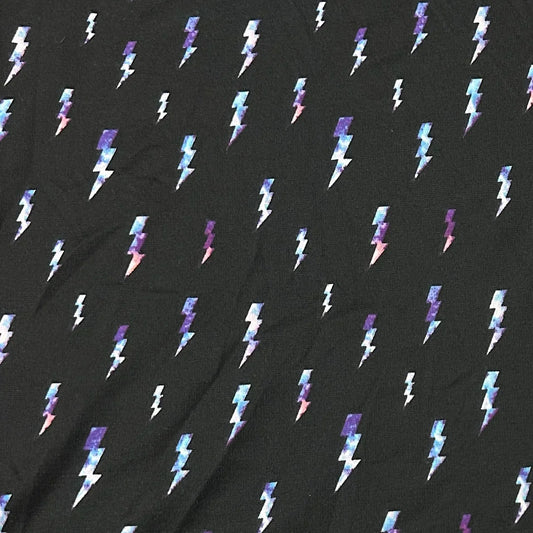Nature's Fabrics black fabric with colorful galactic lightning bolt print