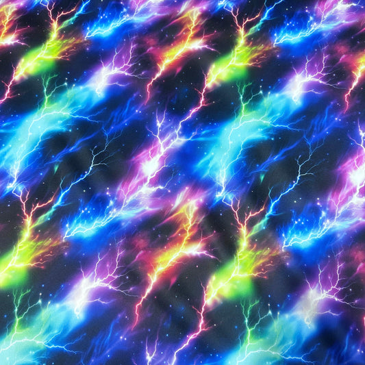 Nature's Fabrics colorful neon lightning bolt pattern on dark fabric