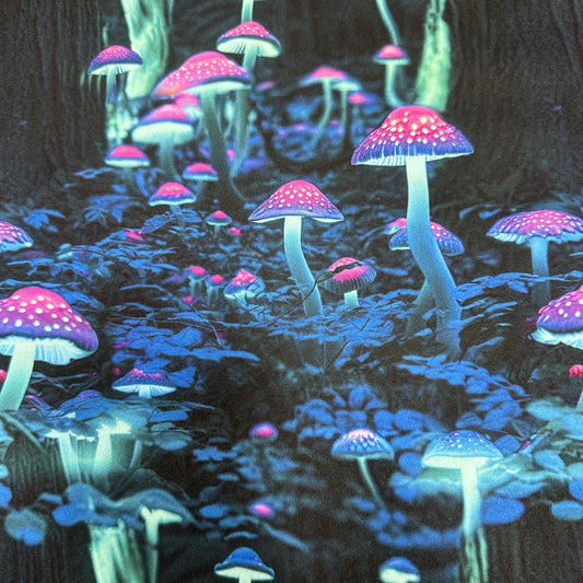 Nature's Fabrics glowing pink and blue bioluminescent mushrooms in a dark forest print.