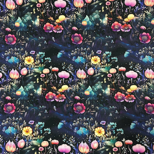 Nature's Fabrics floral pattern fabric with glowing pink and yellow blossoms on dark background