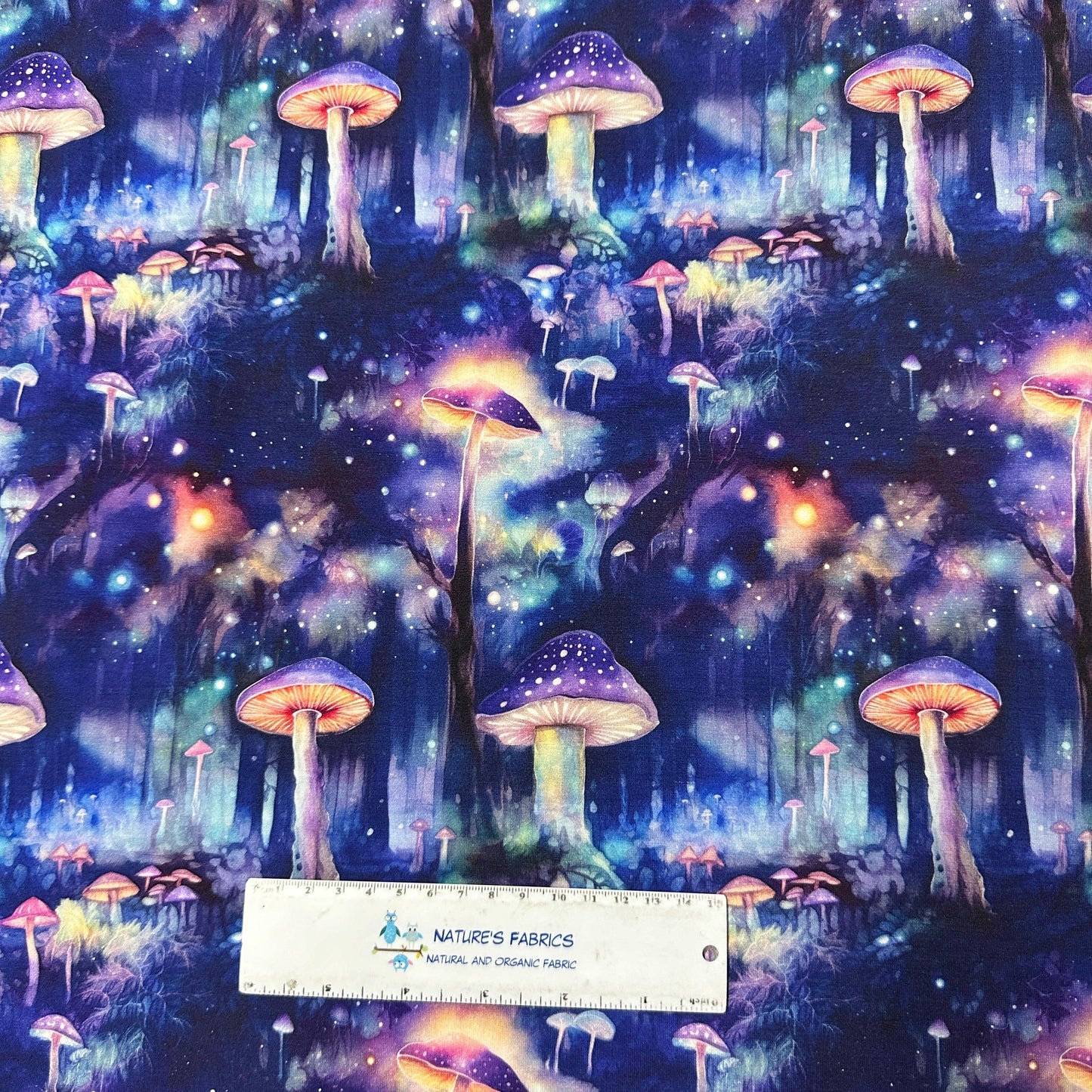 Mushroom Forest at Night on Bamboo Stretch French Terry Fabric - Nature's Fabrics