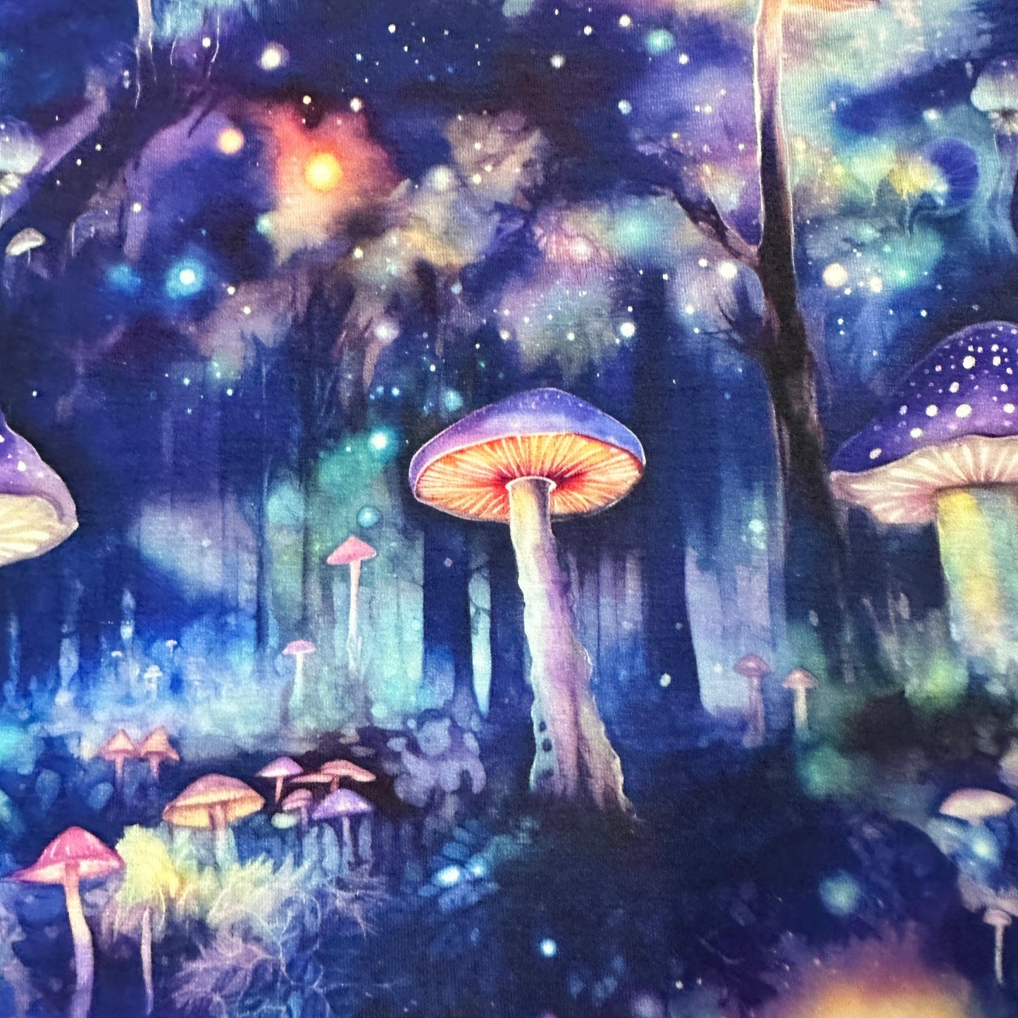 Mushroom Forest at Night on Bamboo/Spandex Jersey Fabric - Nature's Fabrics