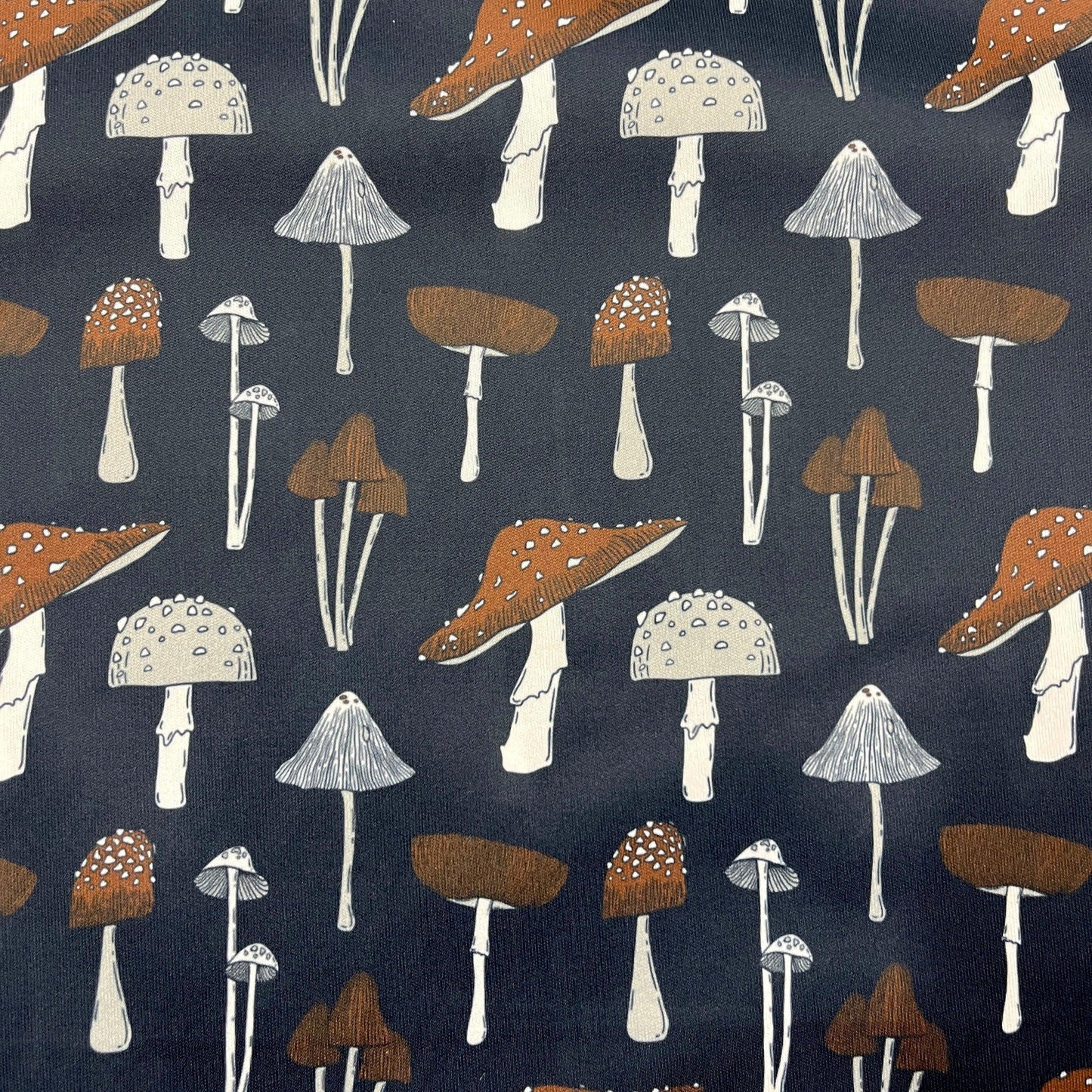 Mushrooms on Navy 1 mil PUL Fabric - Made in the USA - Nature's Fabrics
