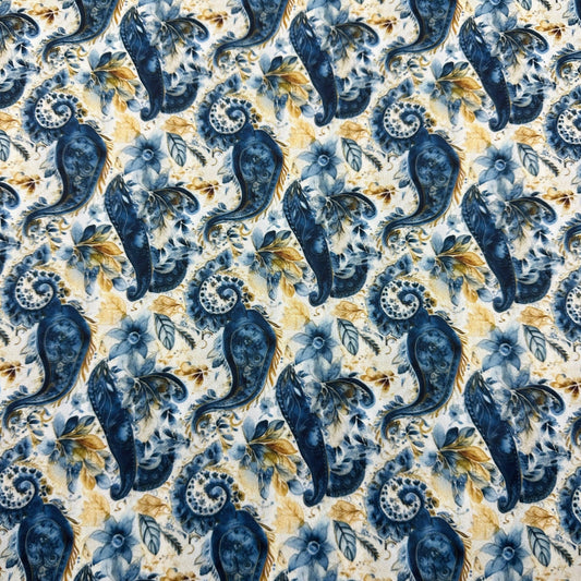 Nature's Fabrics blue and gold paisley floral print natural fabric