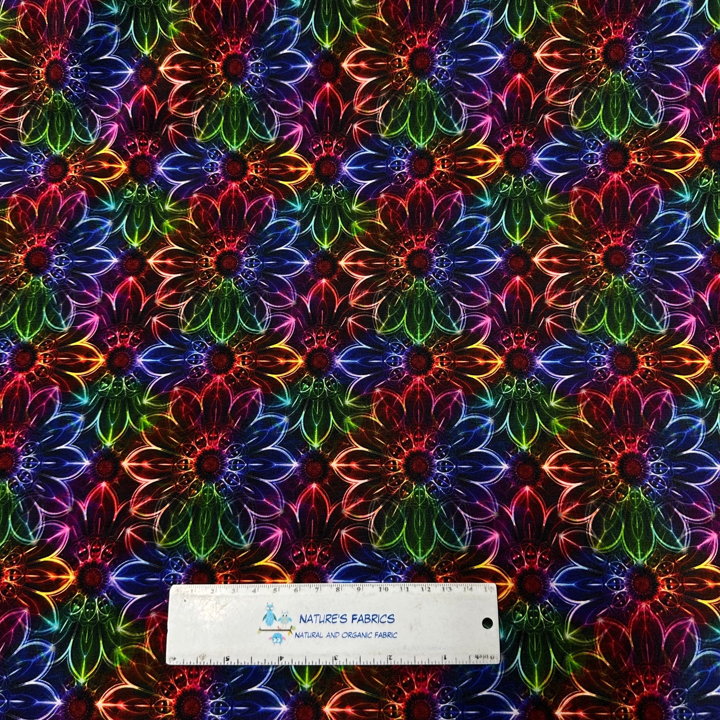 Neon Rainbow Mandalas on Bamboo/Spandex Jersey Fabric - Nature's Fabrics