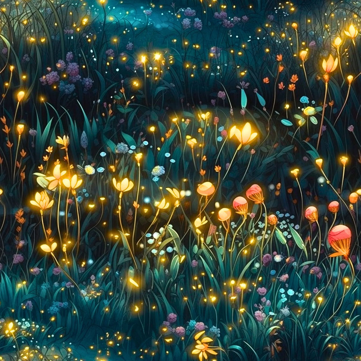 Nature's Fabrics: glowing floral field with enchanted night garden, organic cotton, bamboo, wool, hemp fabric designs