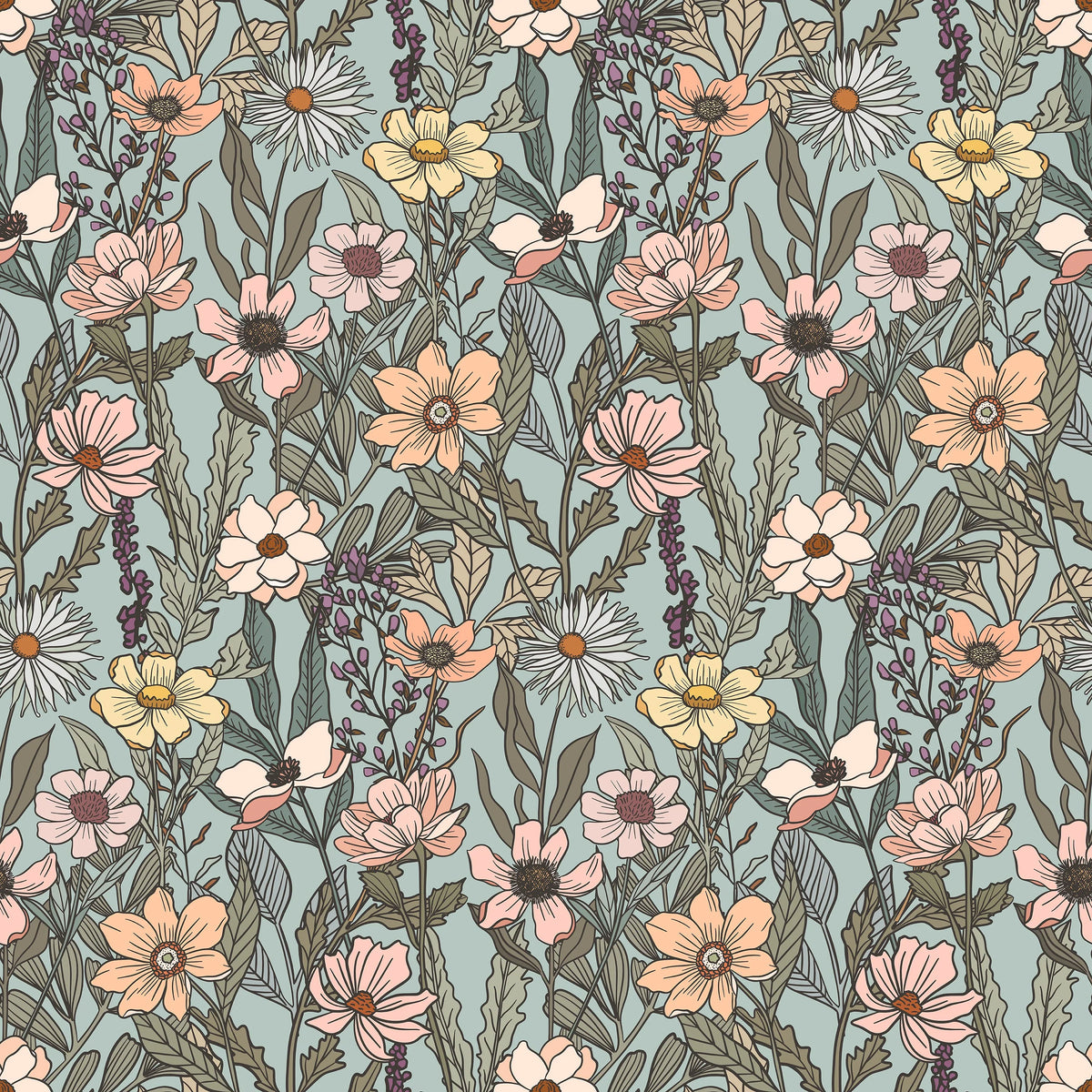 Nature's Fabrics floral print fabric with pink, peach & white wildflowers on sage green background