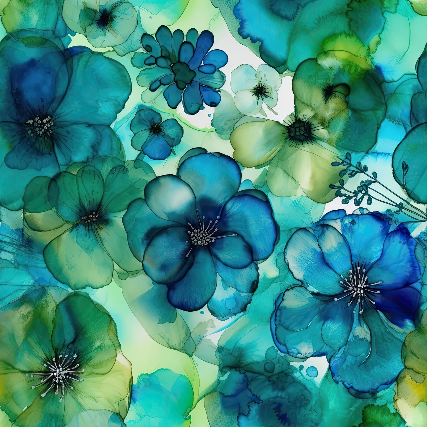 Floral Blue and Green Alcohol Ink on Bamboo/Spandex Jersey Fabric by Natures Fabrics
